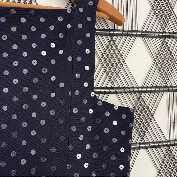 Paule Ka square neck moire navy blue dress clear sequins size 44 hidden zipper - Picture 4 of 15